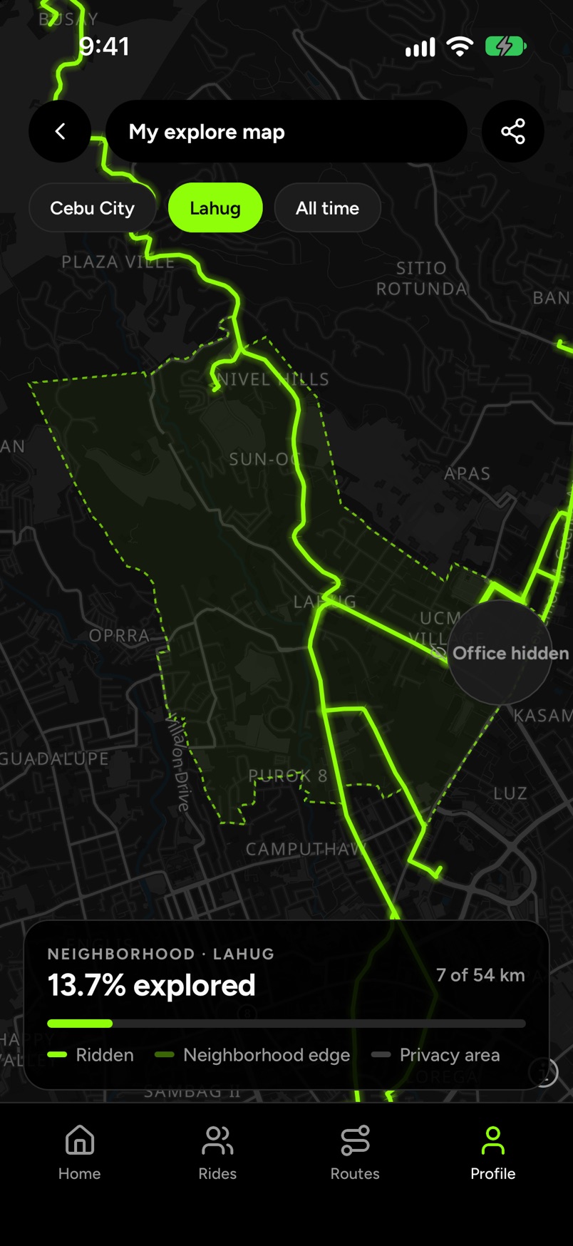 Exploration map: the roads a rider has ridden drawn in green