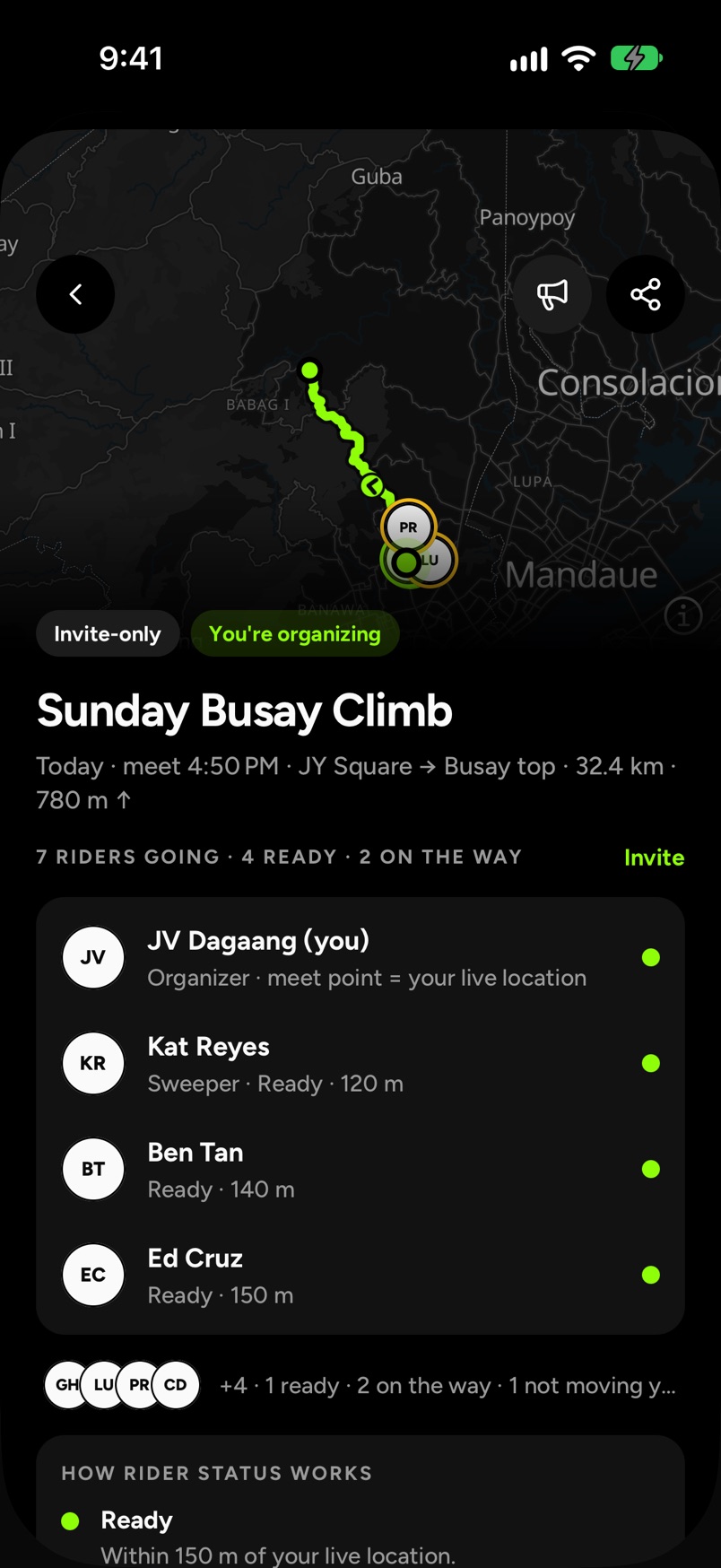 Ride lobby with each rider’s status