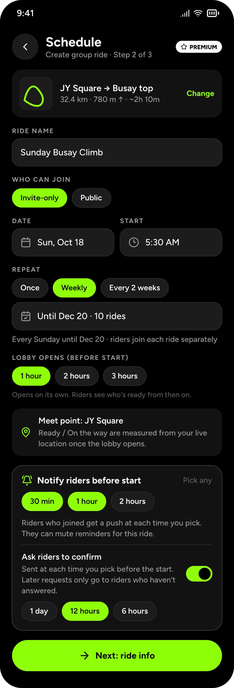 Create a group ride: date, start time and reminders
