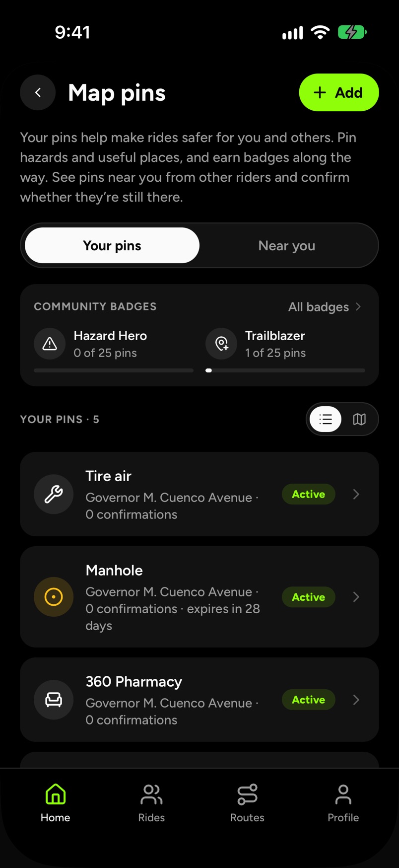 Map pins: a rider’s hazard and place pins