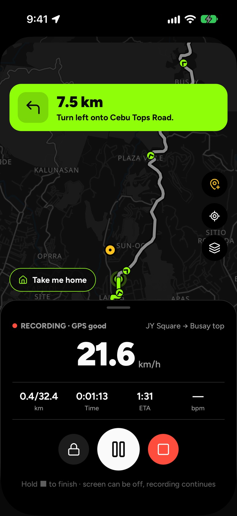 Recording a ride: map, time, distance and speed
